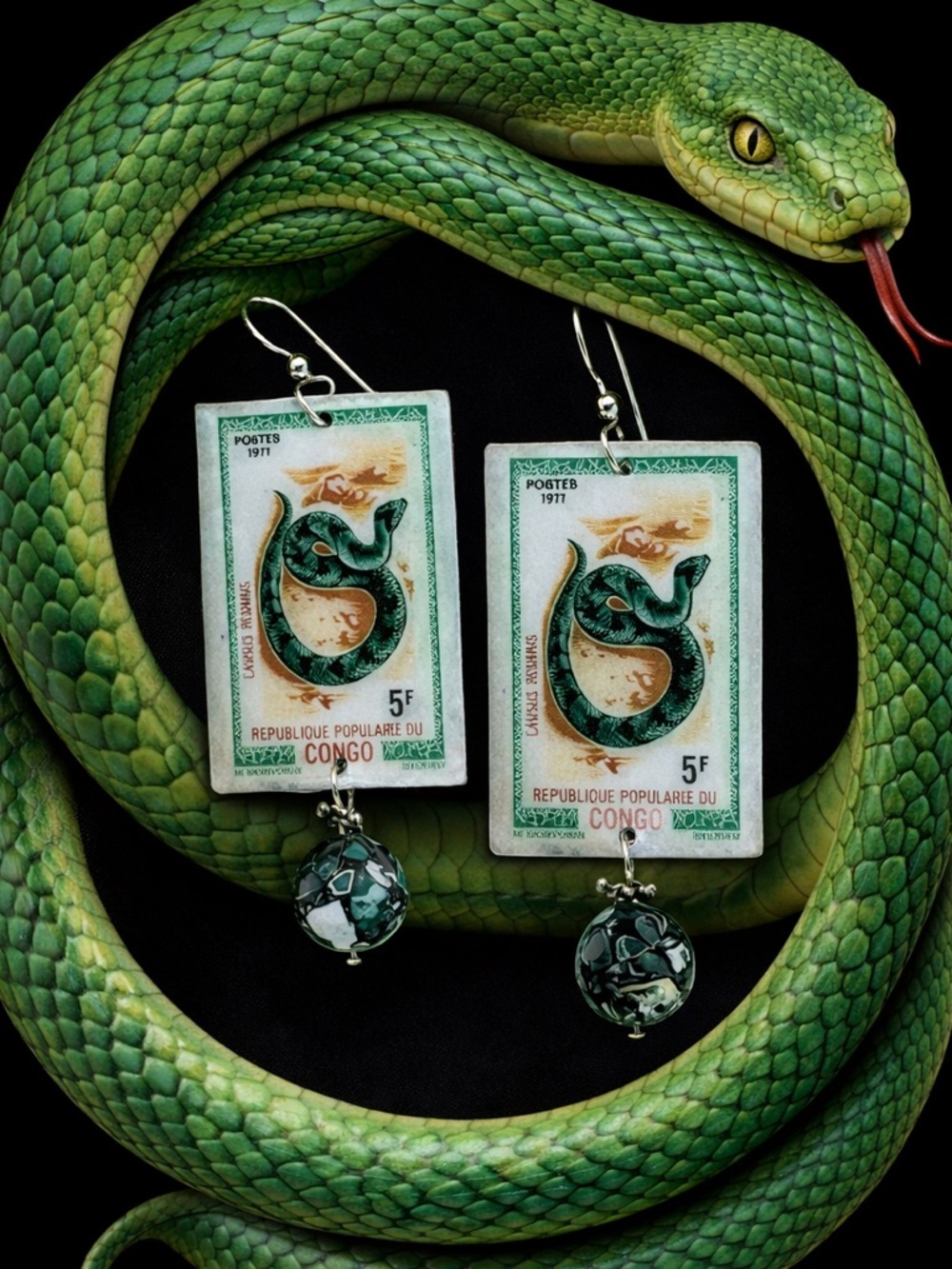 Congo vintage stamp snake custom earrings sterling wires w charm OOAK Philately